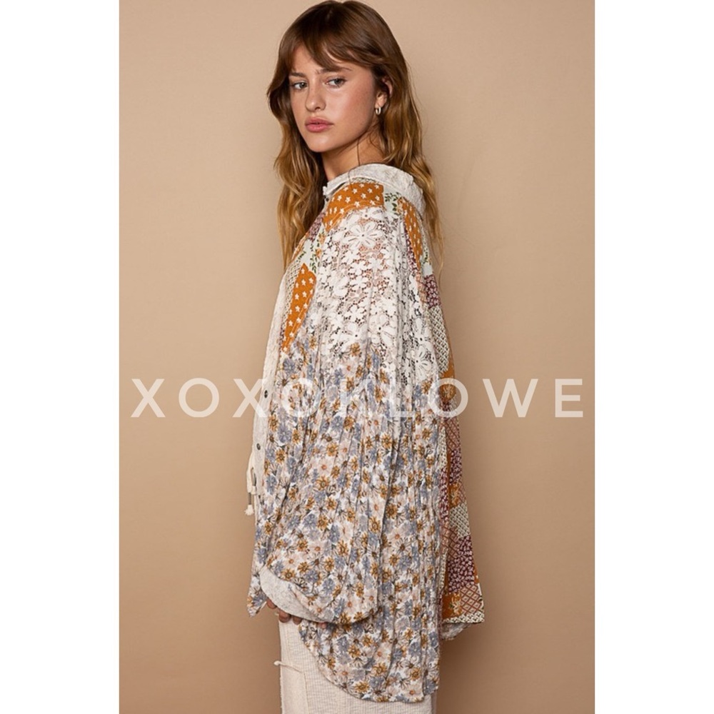 POL Floral + Lace Patchwork Button Down Shirt in Caramel Cream - Picture 6 of 15